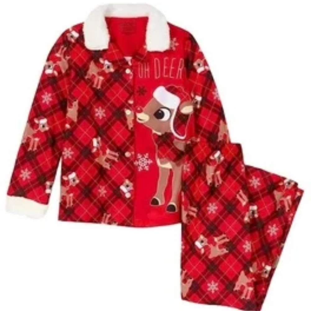 Rudolph Girl's Plaid 'Oh Deer' Button Down Flannel Christmas Pajama Set